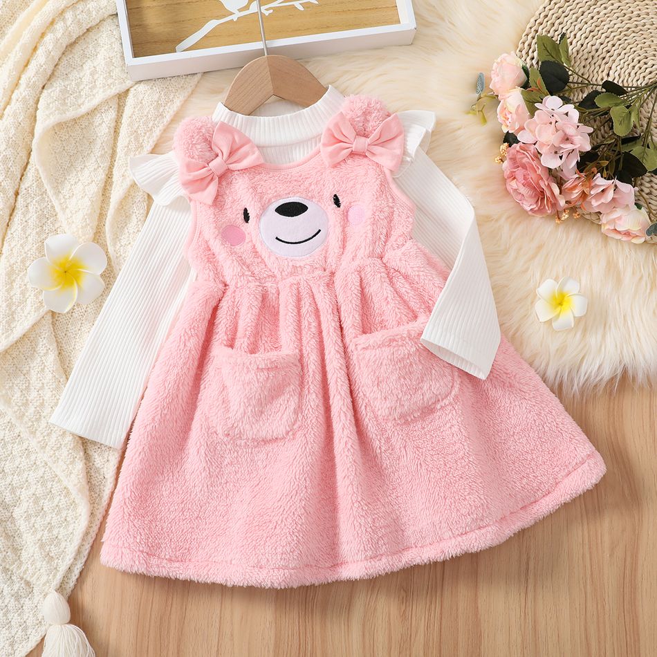 2pcs Toddler Girl Playful Mock Neck Tee and Bear Embroidered Fleece Overall Dress Set Pink big image 2