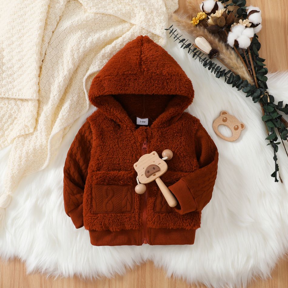 Baby Boy/Girl Brown Thermal Fuzzy Hooded Long-sleeve Zipper Jacket Brown big image 2