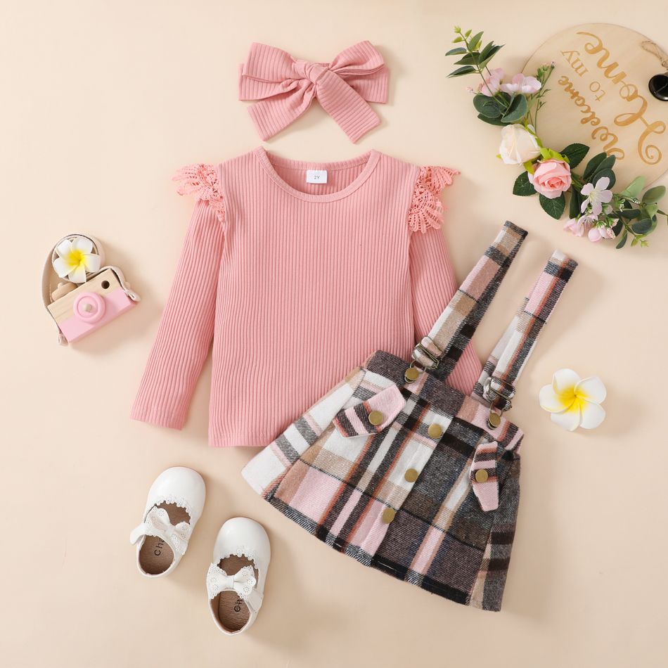 3pcs Toddler Girl Sweet Ruffled Ribbed Tee & Adjustable Plaid Suspender Skirt and Headband Set Pink big image 2
