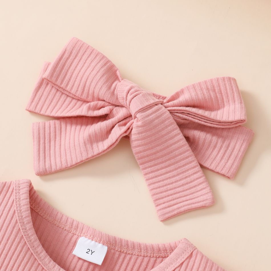 3pcs Toddler Girl Sweet Ruffled Ribbed Tee & Adjustable Plaid Suspender Skirt and Headband Set Pink big image 3