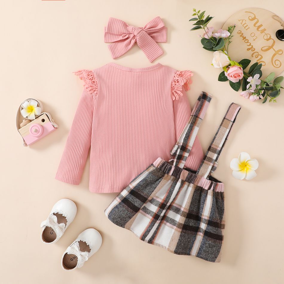 3pcs Toddler Girl Sweet Ruffled Ribbed Tee & Adjustable Plaid Suspender Skirt and Headband Set Pink big image 9