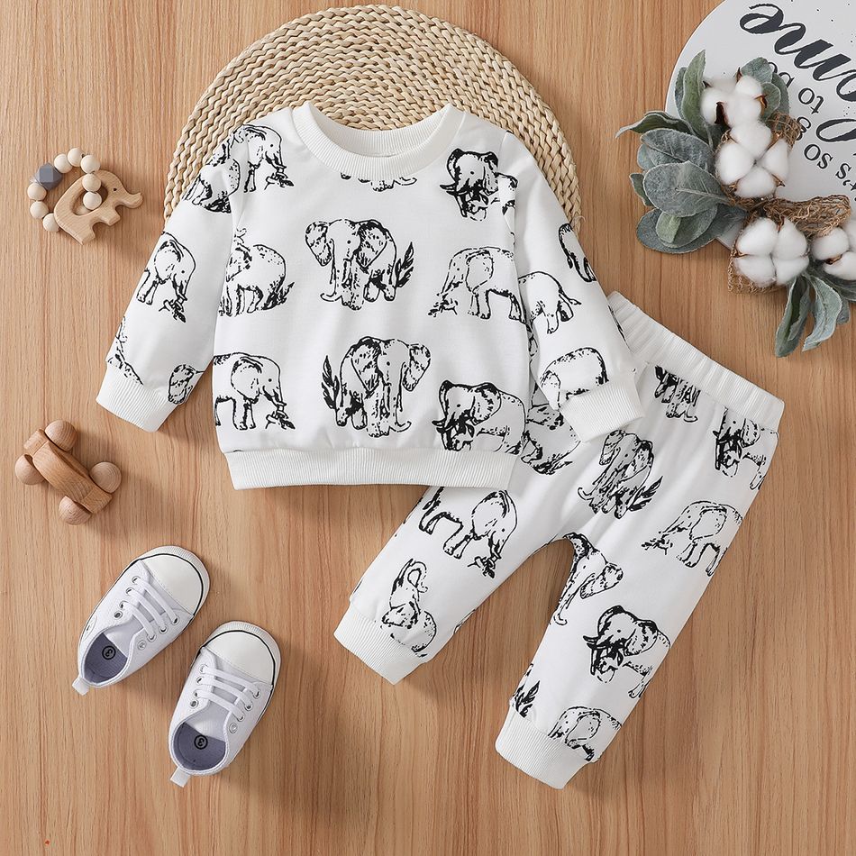2pcs Baby Boy Allover Elephant Print Long-sleeve Sweatshirt and Sweatpants Set White