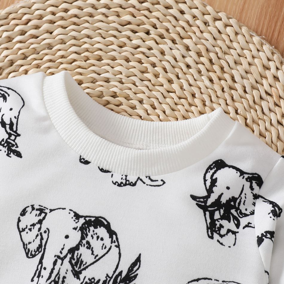 2pcs Baby Boy Allover Elephant Print Long-sleeve Sweatshirt and Sweatpants Set White big image 4