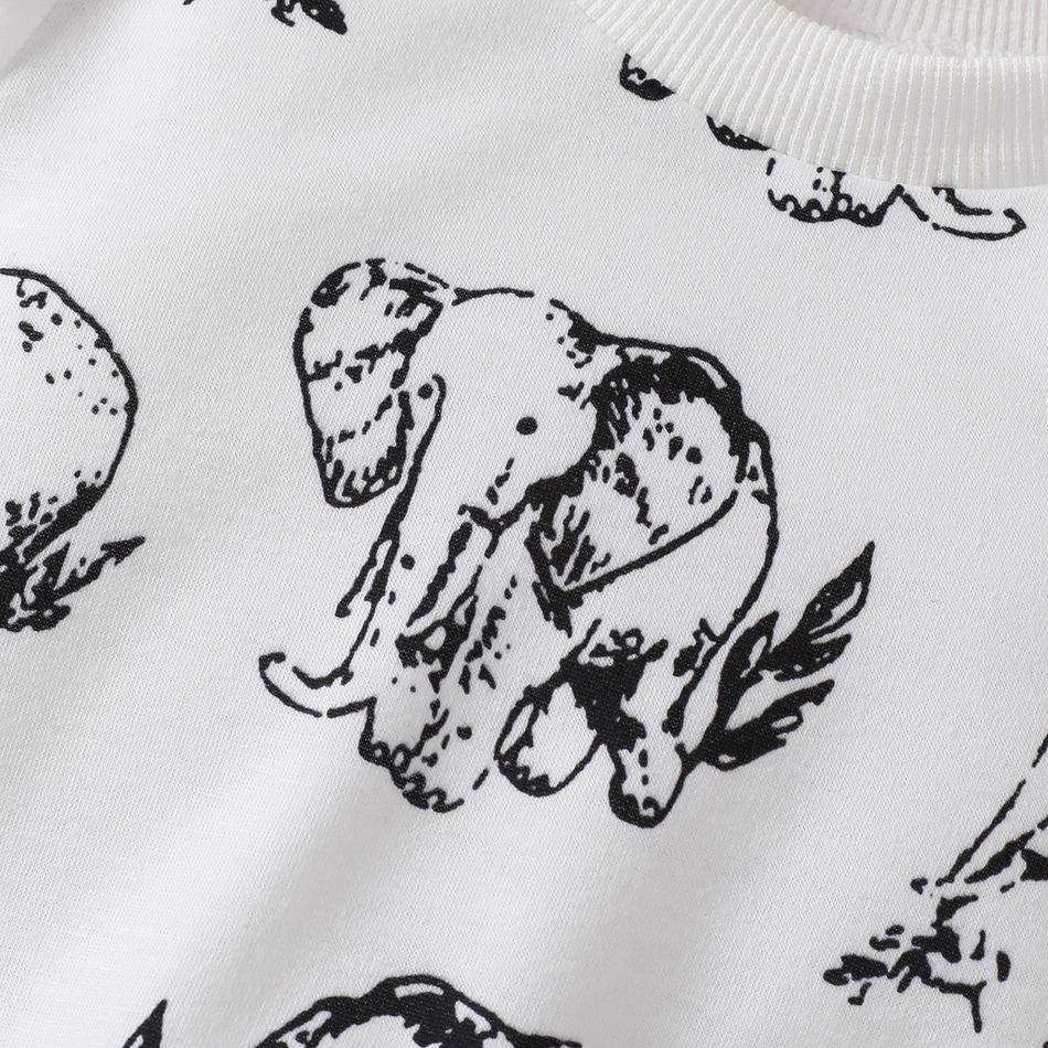 2pcs Baby Boy Allover Elephant Print Long-sleeve Sweatshirt and Sweatpants Set White big image 5