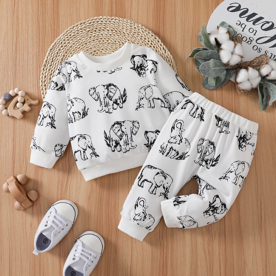 2pcs Baby Boy Allover Elephant Print Long-sleeve Sweatshirt and Sweatpants Set White big image 3
