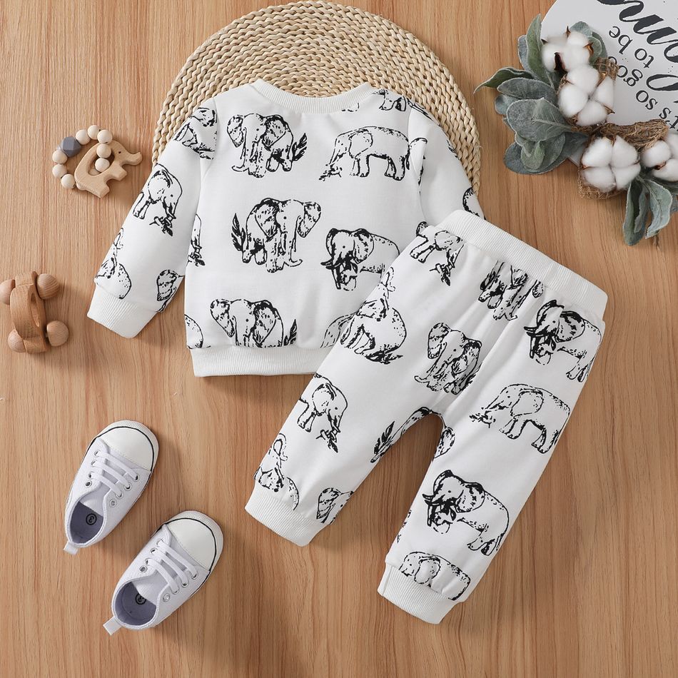 2pcs Baby Boy Allover Elephant Print Long-sleeve Sweatshirt and Sweatpants Set White big image 2