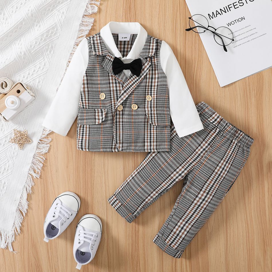 2pcs Baby Boy Long-sleeve Faux-two Gentleman Waistcoat Bow Tie Shirt and Pants Set Grey big image 1