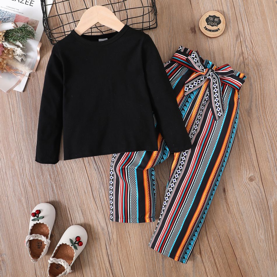 3pcs Toddler Girl Boho Black Tee and Exotic Striped Pants & Belt Set Black big image 4