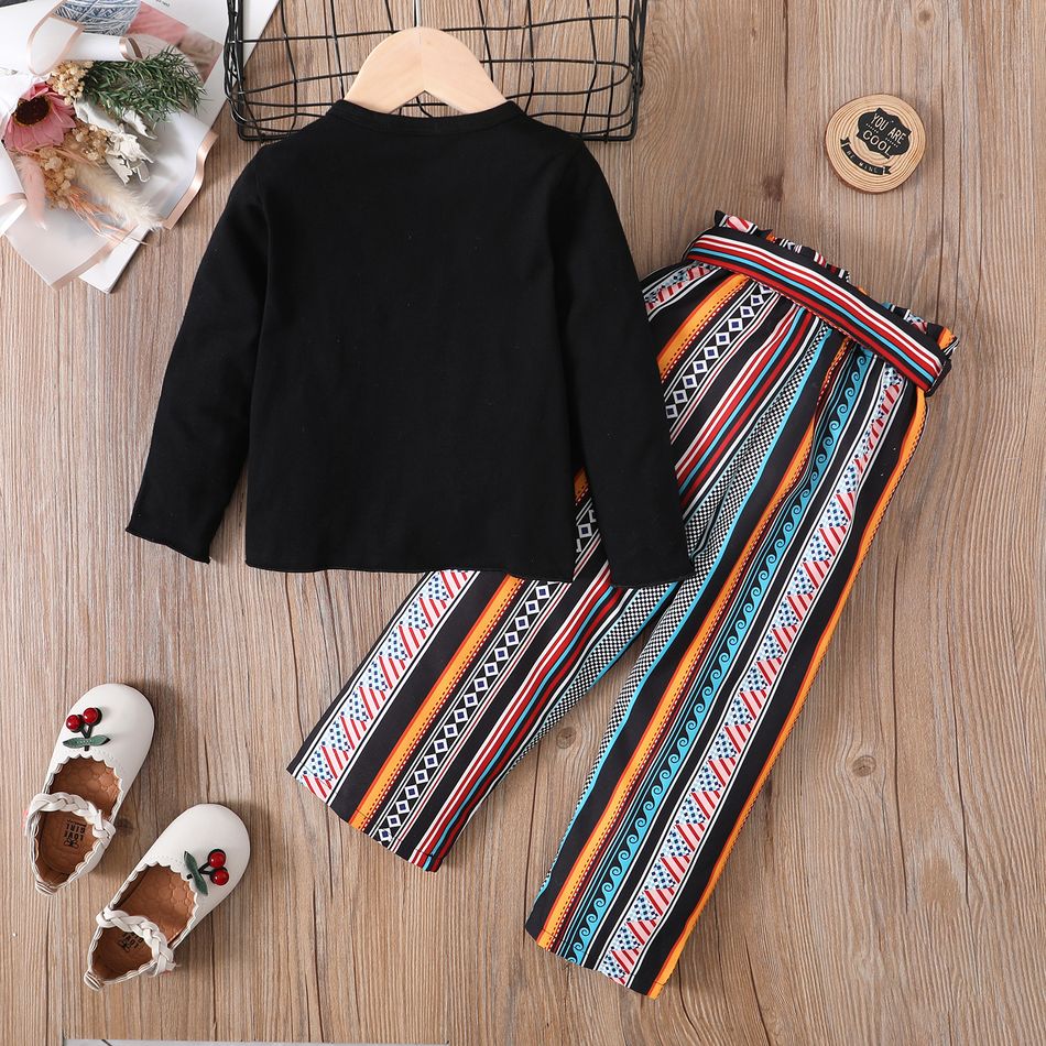 3pcs Toddler Girl Boho Black Tee and Exotic Striped Pants & Belt Set Black