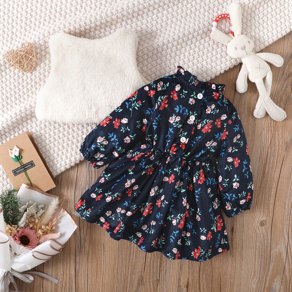 2pcs Baby Girl Allover Floral Print Frill Neck Long-sleeve Dress with Fuzzy Vest Set Dark Blue big image 3