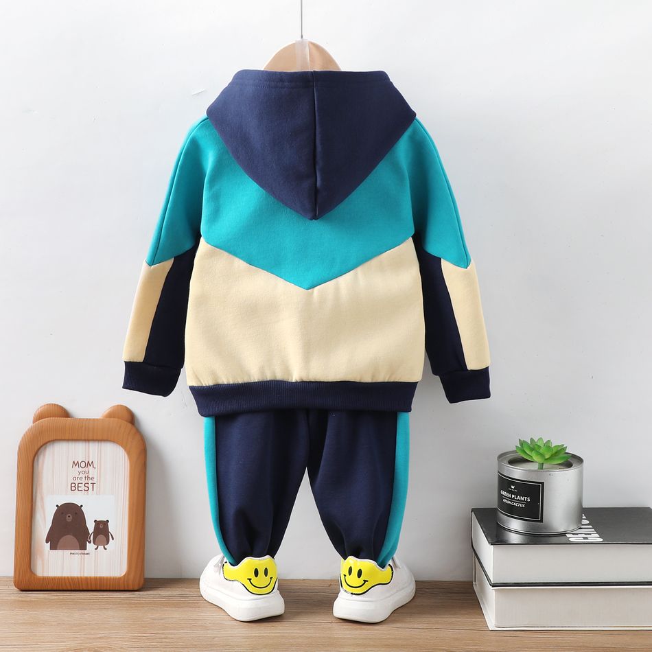 2pcs Toddler Boy Trendy Letter Print Colorblock Hoodie Sweatshirt and Pants Set Dark Blue big image 5
