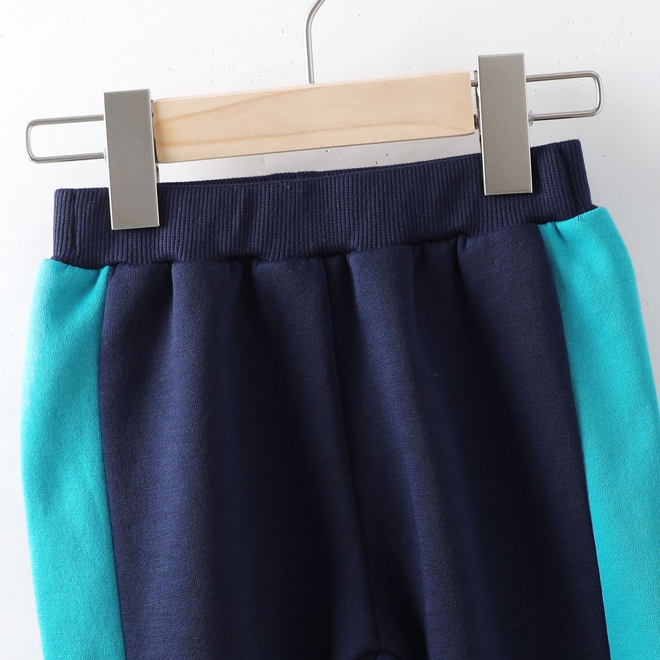 2pcs Toddler Boy Trendy Letter Print Colorblock Hoodie Sweatshirt and Pants Set Dark Blue big image 6