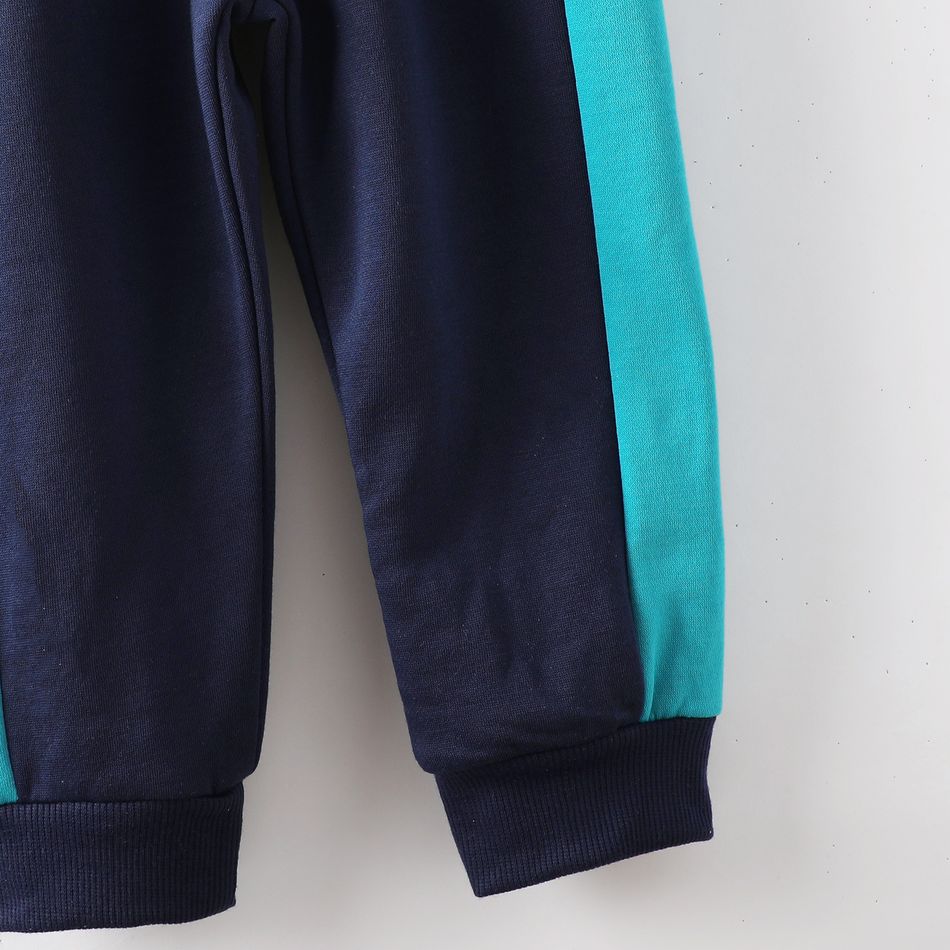 2pcs Toddler Boy Trendy Letter Print Colorblock Hoodie Sweatshirt and Pants Set Dark Blue
