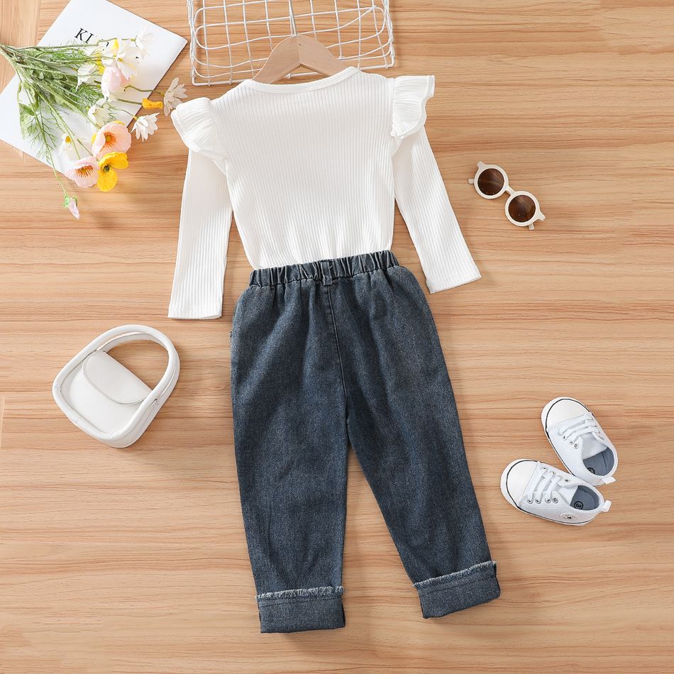 2pcs Toddler Girl Trendy Cotton Ripped Denim Jeans and Ruffled Ribbed Tee Set White big image 8