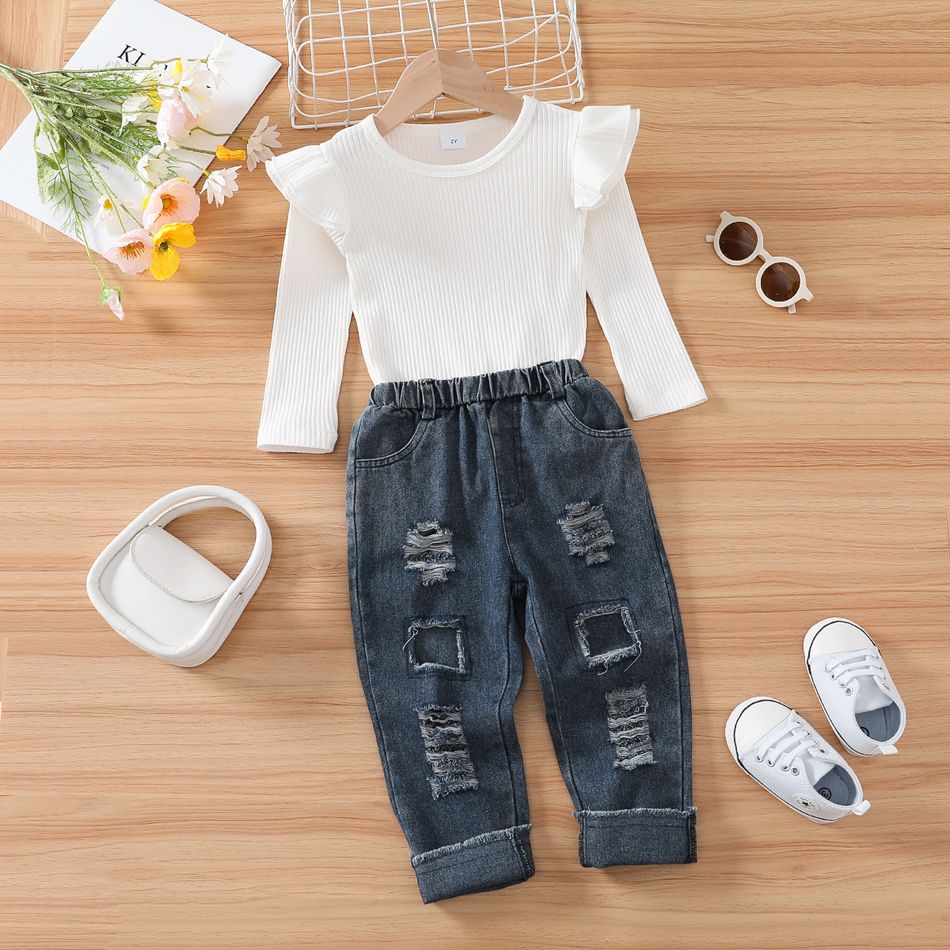 2pcs Toddler Girl Trendy Cotton Ripped Denim Jeans and Ruffled Ribbed Tee Set White