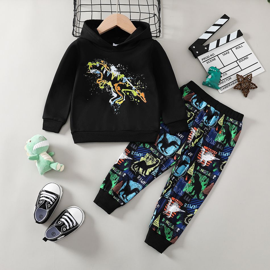 2pcs Toddler Boy Playful Dinosaur Print Hoodie Sweatshirt and Pants Set Black big image 3