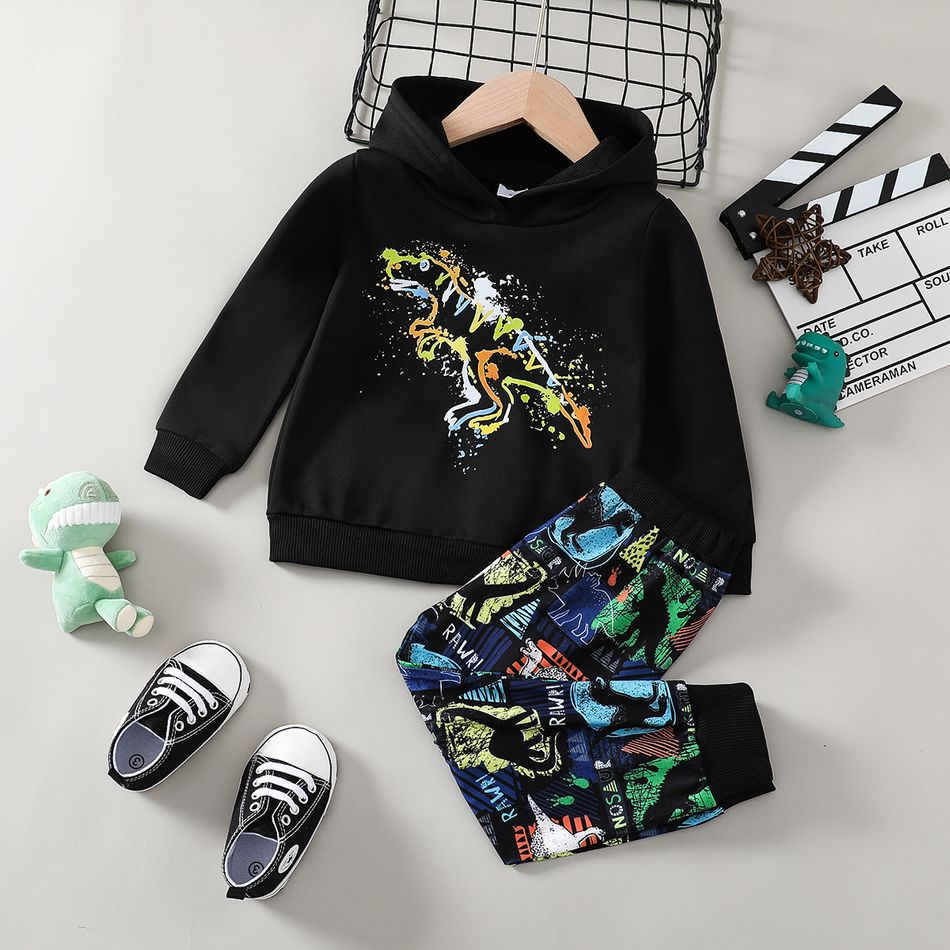 2pcs Toddler Boy Playful Dinosaur Print Hoodie Sweatshirt and Pants Set Black big image 1
