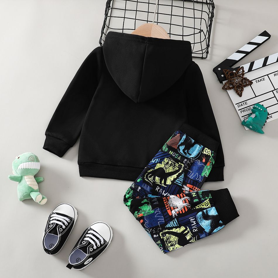 2pcs Toddler Boy Playful Dinosaur Print Hoodie Sweatshirt and Pants Set Black big image 2