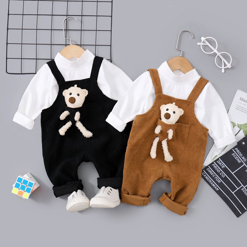 2pcs Baby Boy/Girl Mock Turtleneck Long-sleeve Top and Teddy Bear Stuffed Toy Design Overalls Set Black big image 2