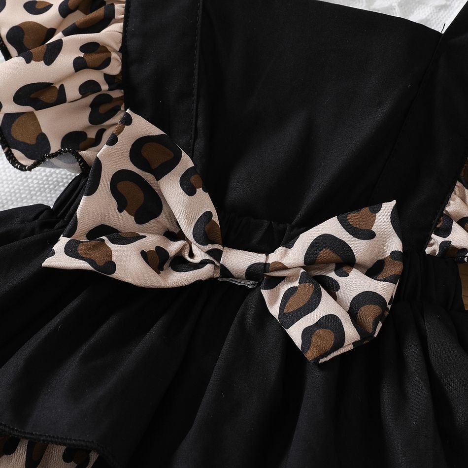 2pcs Baby Girl 95% Cotton Solid & Leopard Print Layered Ruffle Trim Sleeveless Romper and Headband Set Black big image 7