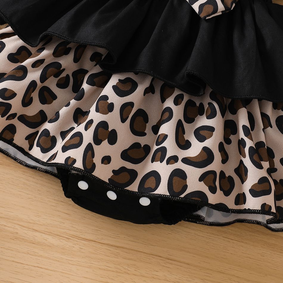2pcs Baby Girl 95% Cotton Solid & Leopard Print Layered Ruffle Trim Sleeveless Romper and Headband Set Black