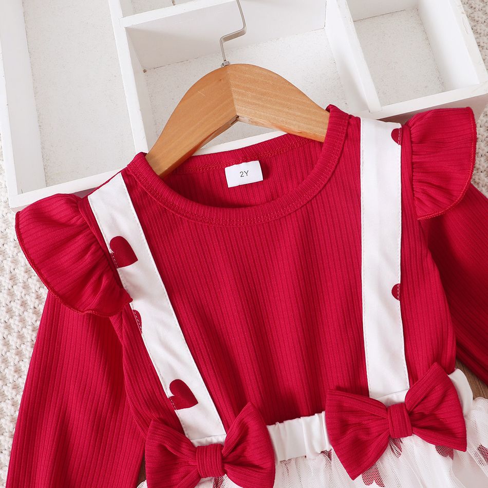 Toddler Girl Valentine's Day Heart Print Bows Design Mesh Splice Dres Red big image 2