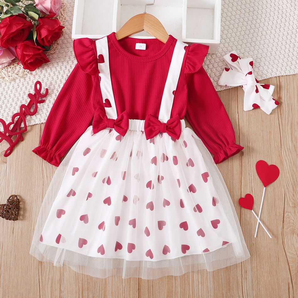 Toddler Girl Valentine's Day Heart Print Bows Design Mesh Splice Dres Red big image 1