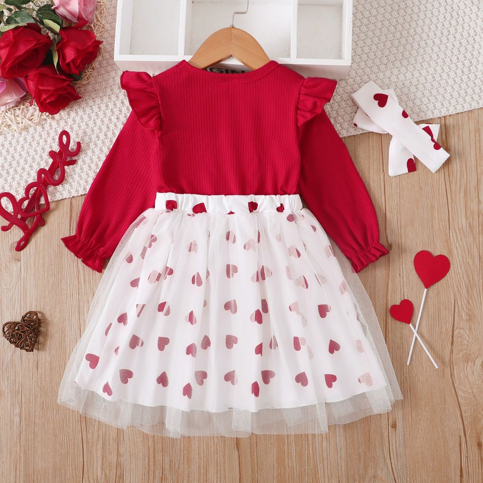 Toddler Girl Valentine's Day Heart Print Bows Design Mesh Splice Dres Red big image 3