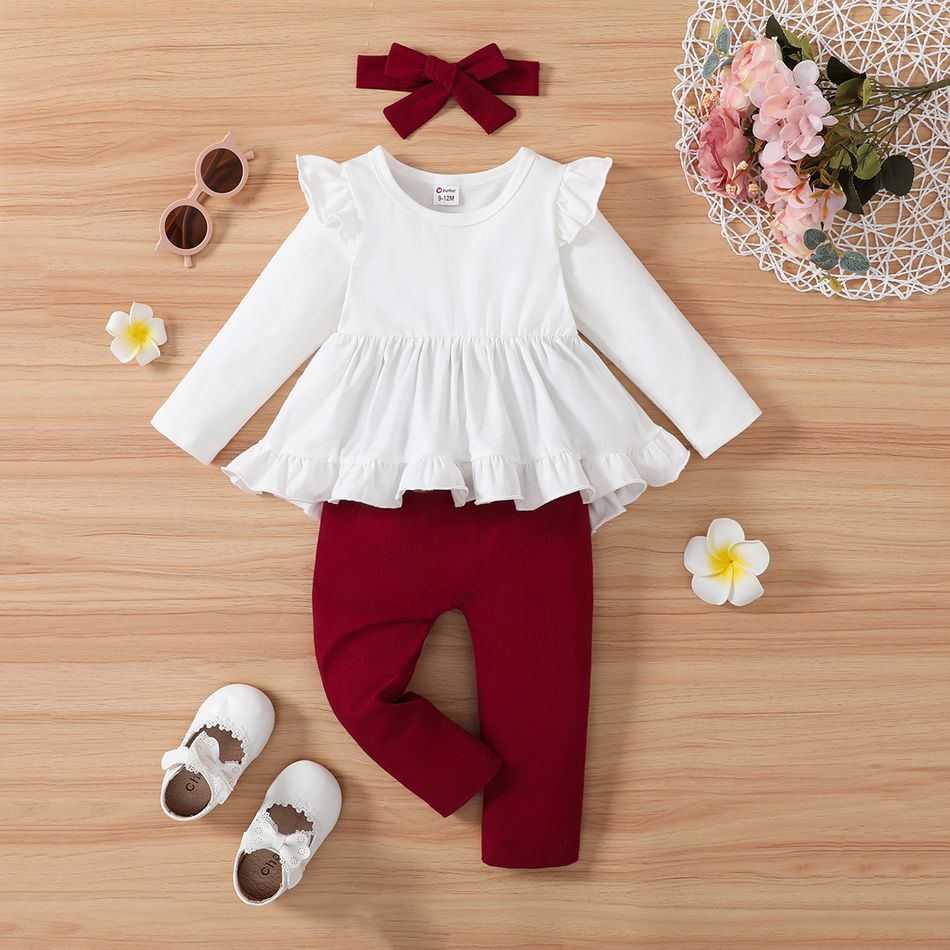 4pcs Baby Girl 95% Cotton Solid Ruffle Trim Long-sleeve Top and Pants with Belt & Headband Set Burgundy big image 2