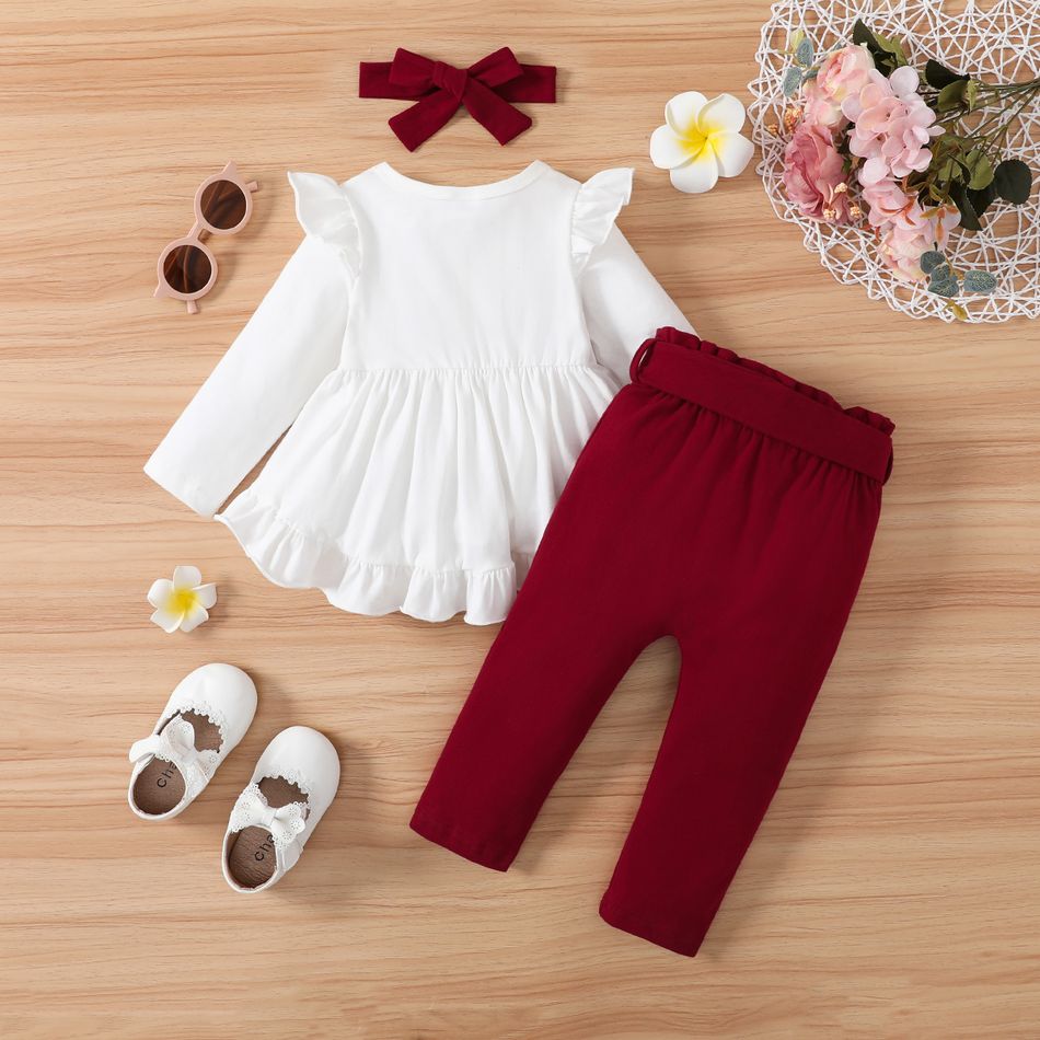 4pcs Baby Girl 95% Cotton Solid Ruffle Trim Long-sleeve Top and Pants with Belt & Headband Set Burgundy big image 3