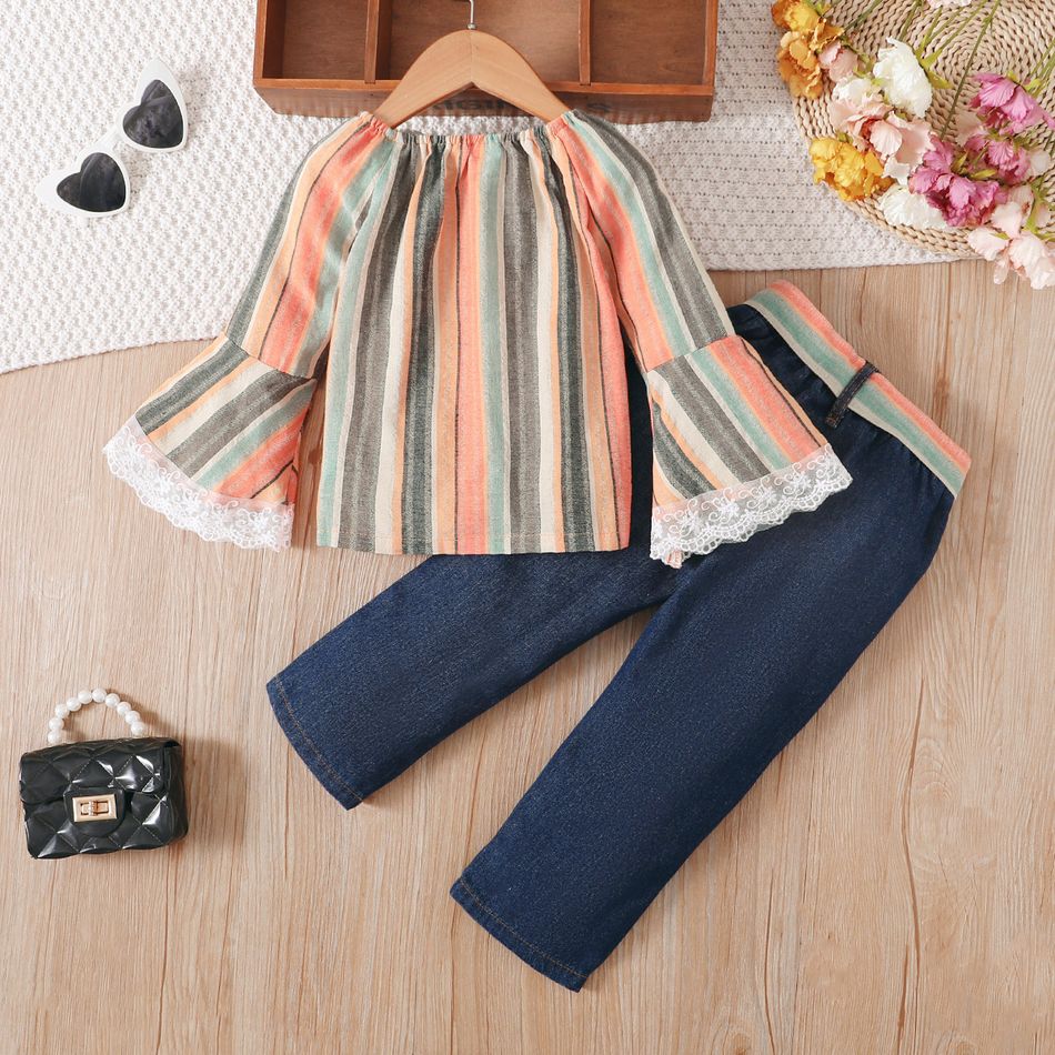 2pcs Toddler Girl Boho Ripped Denim Belted Jeans and Stripe Lace Splice Bell sleeves Blouse Set Multi-color big image 2