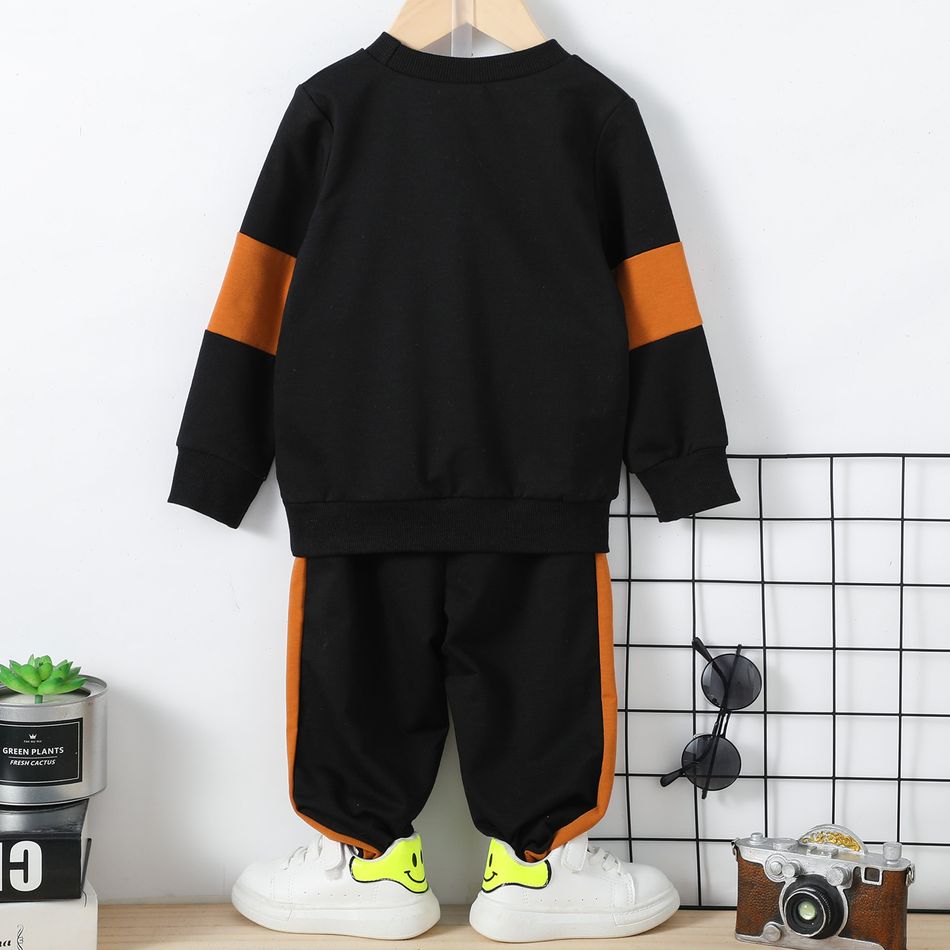 2pcs Toddler Boy Letter Print Colorblock Sweatshirt and Pants Set Black big image 5