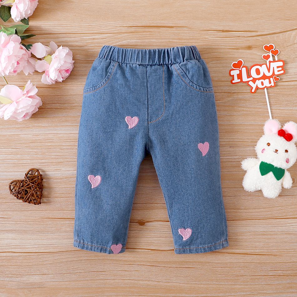 Baby Girl 100% Cotton Heart Embroidered Denim Pants Jeans Blue big image 3