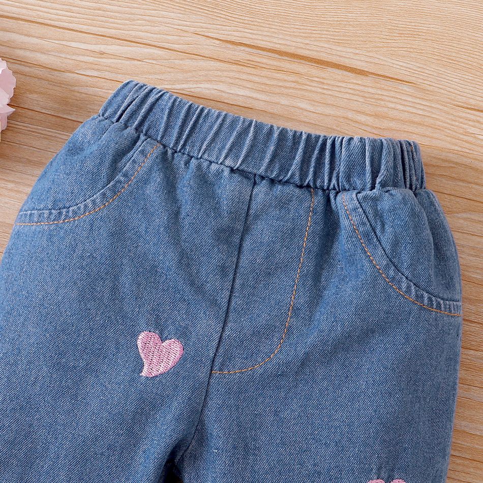 Baby Girl 100% Cotton Heart Embroidered Denim Pants Jeans Blue big image 4