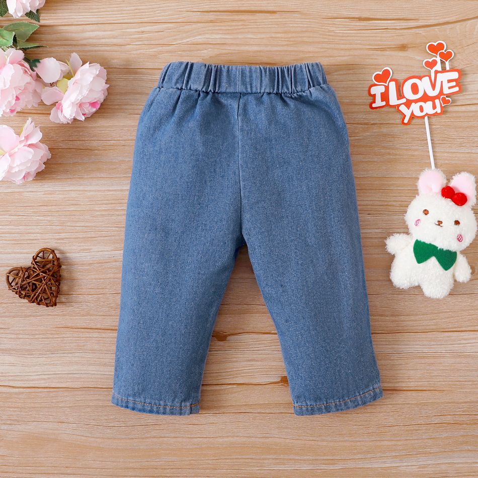 Baby Girl 100% Cotton Heart Embroidered Denim Pants Jeans Blue big image 2