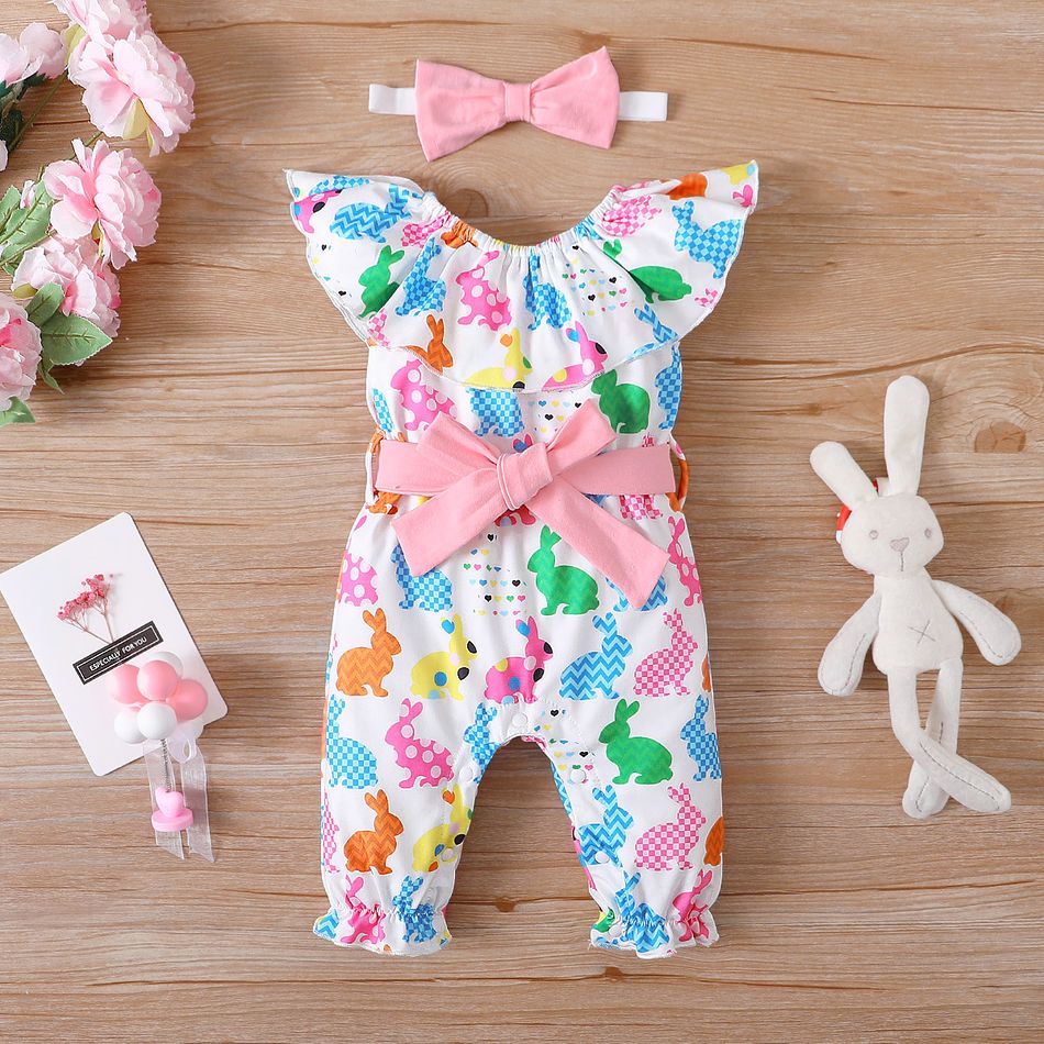 Easter 3pcs Baby Girl Allover Multicolor Rabbit Ruffle Collar Jumpsuit with Belt & Headband Set Colorful big image 1