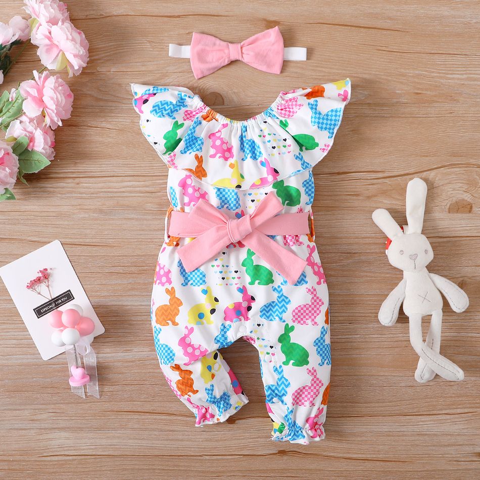 Easter 3pcs Baby Girl Allover Multicolor Rabbit Ruffle Collar Jumpsuit with Belt & Headband Set Colorful big image 3