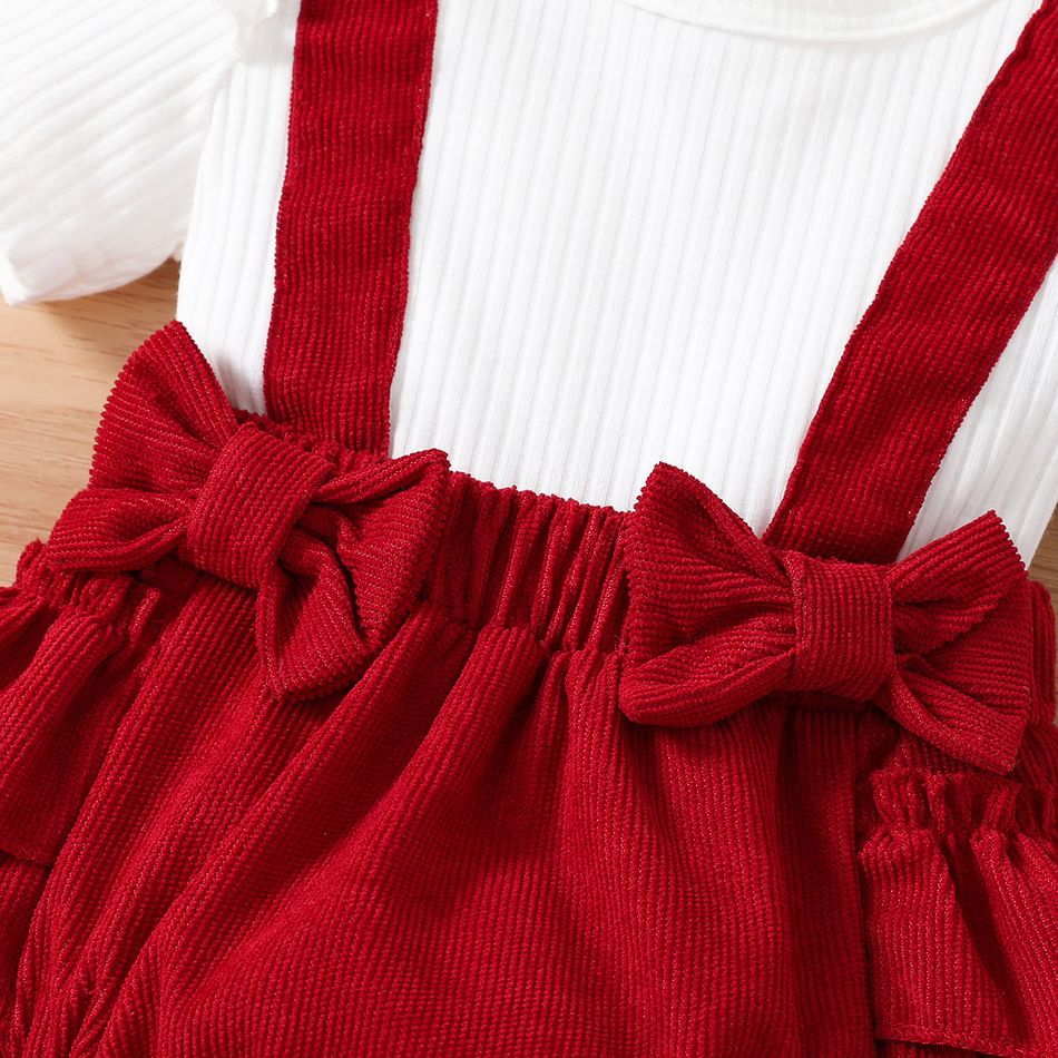 2pcs Baby Girl Ruffle Trim Bow Decor Short-sleeve Solid Spliced Romper & Headband Set Red big image 5