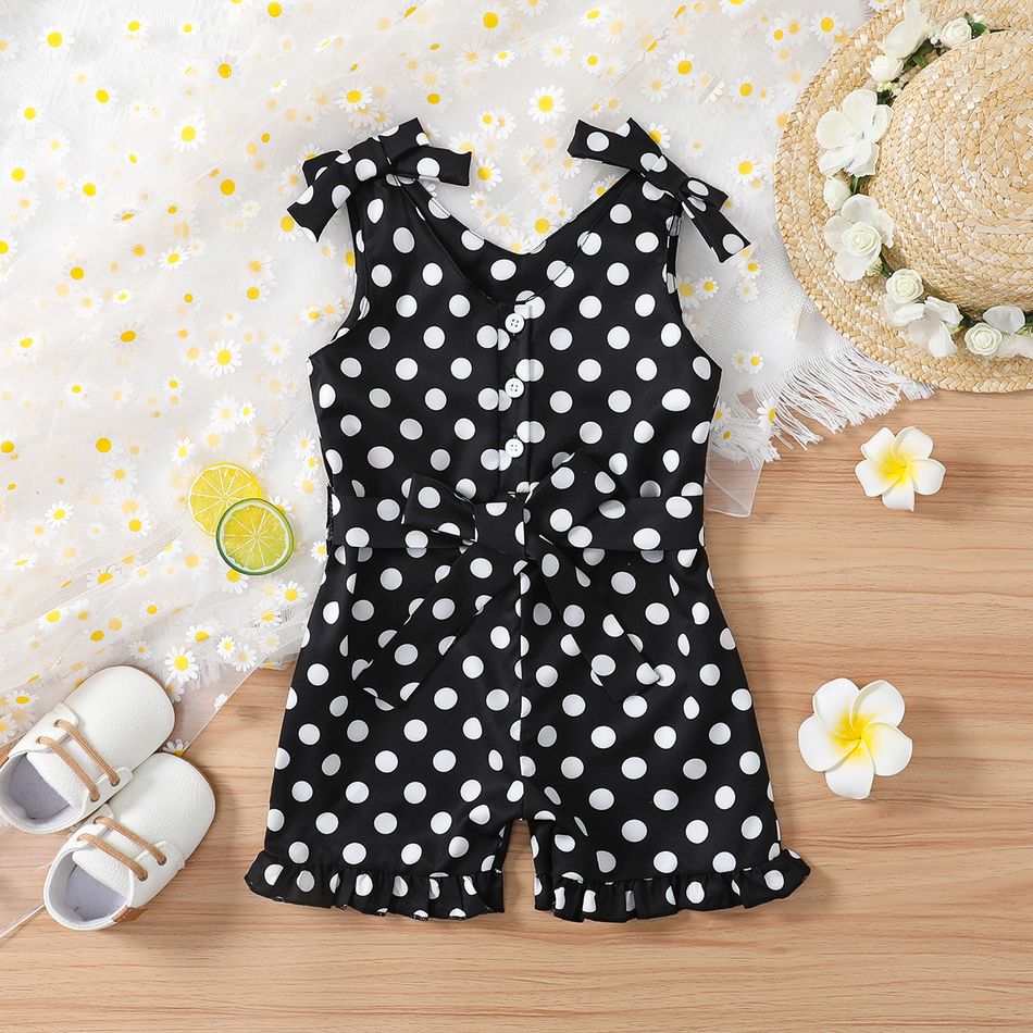 Toddler Girl Classic Polka dots Bowknot Design Sleeveless Belted Rompers BlackandWhite big image 1