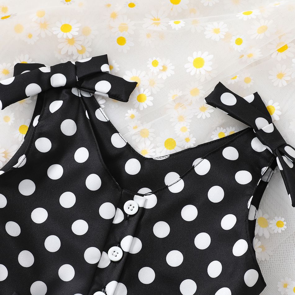Toddler Girl Classic Polka dots Bowknot Design Sleeveless Belted Rompers BlackandWhite big image 2