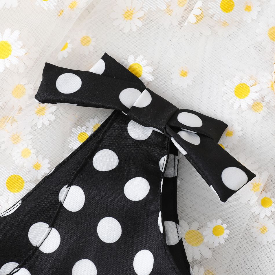 Toddler Girl Classic Polka dots Bowknot Design Sleeveless Belted Rompers BlackandWhite big image 3