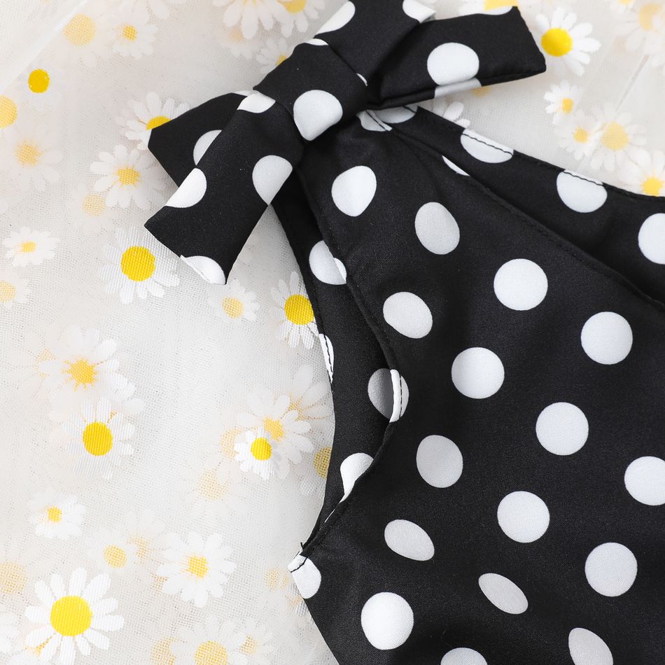 Toddler Girl Classic Polka dots Bowknot Design Sleeveless Belted Rompers BlackandWhite big image 4