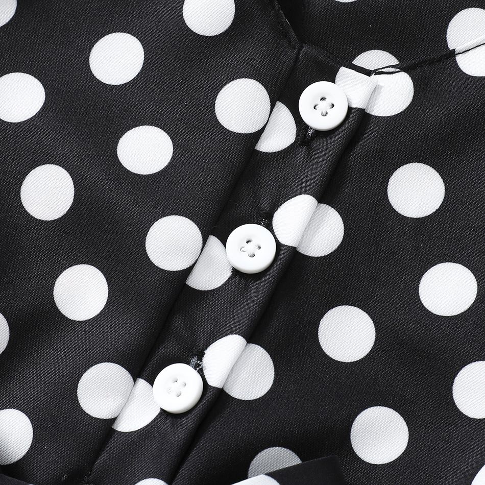 Toddler Girl Classic Polka dots Bowknot Design Sleeveless Belted Rompers BlackandWhite big image 5