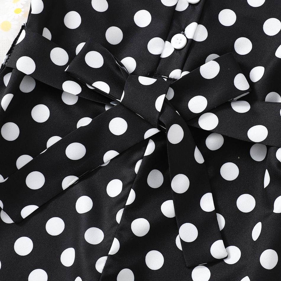 Toddler Girl Classic Polka dots Bowknot Design Sleeveless Belted Rompers BlackandWhite big image 7