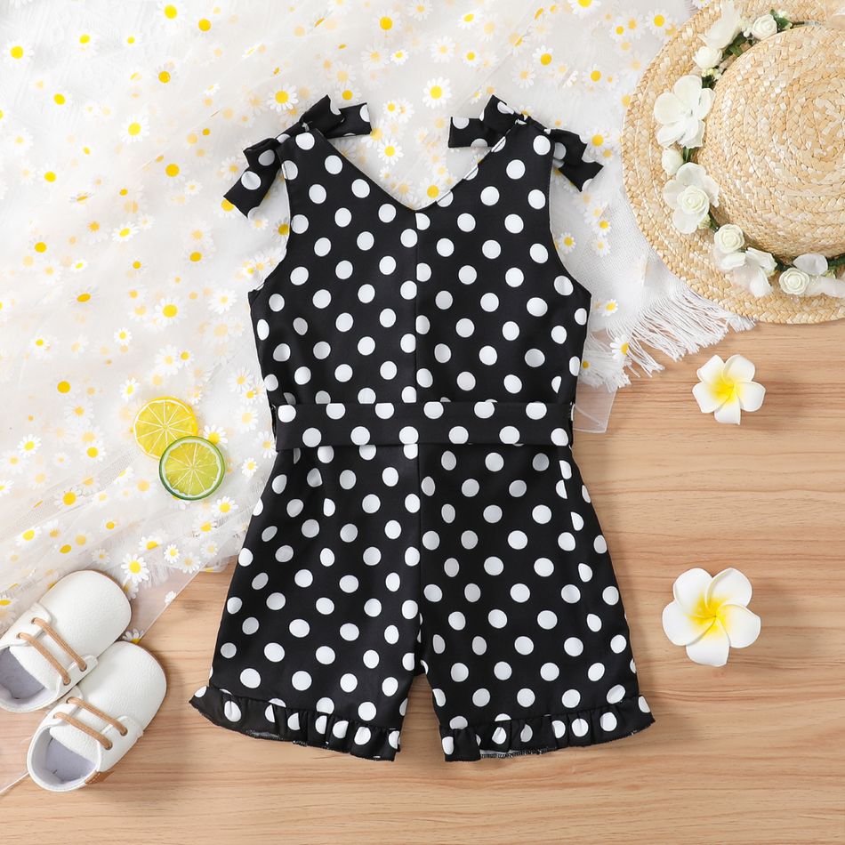Toddler Girl Classic Polka dots Bowknot Design Sleeveless Belted Rompers BlackandWhite big image 2