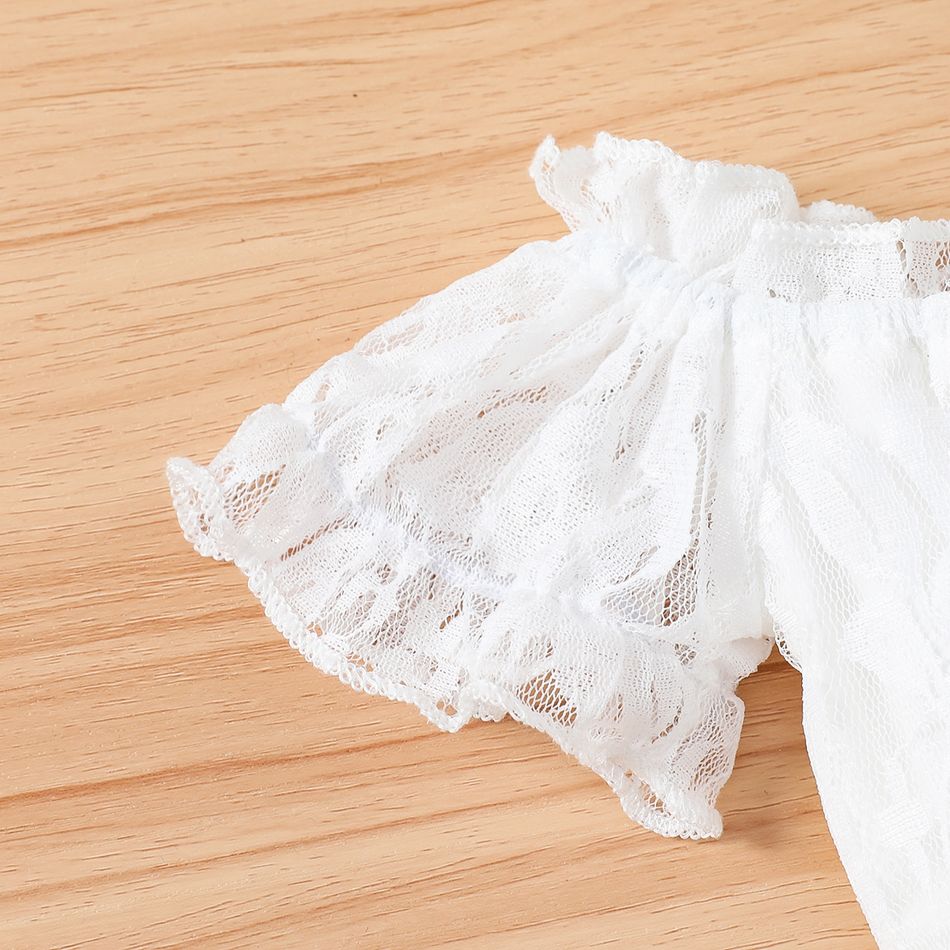 2pcs Toddler Girl Sweet Ruffle Denim Skirt and Lace Off Shoulder Tee Set White big image 4