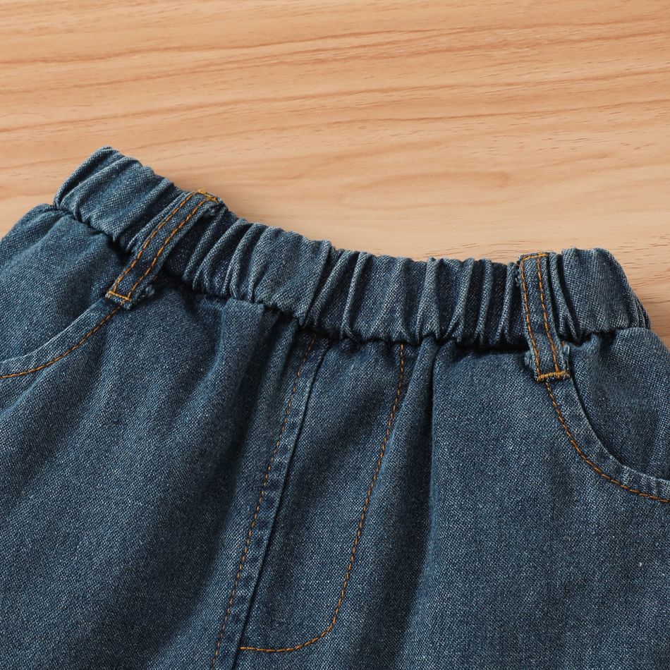 2pcs Toddler Girl Sweet Ruffle Denim Skirt and Lace Off Shoulder Tee Set White big image 6