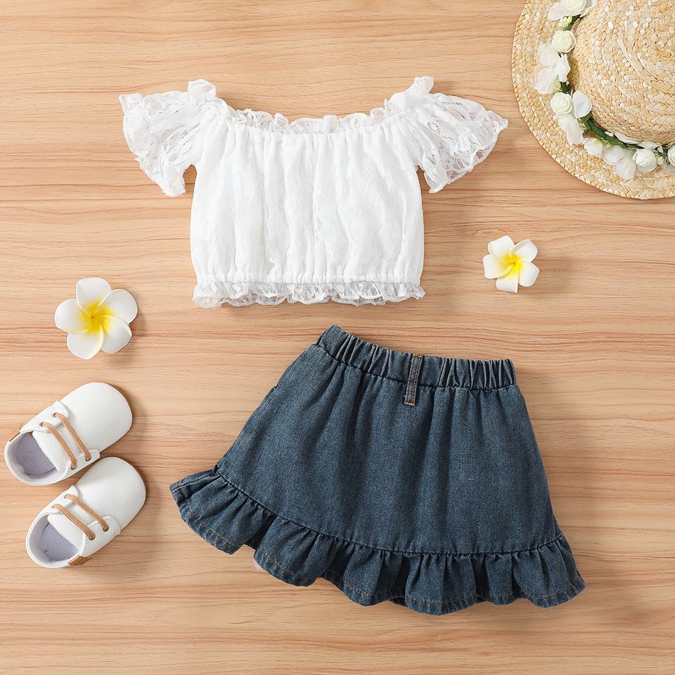 2pcs Toddler Girl Sweet Ruffle Denim Skirt and Lace Off Shoulder Tee Set White big image 2