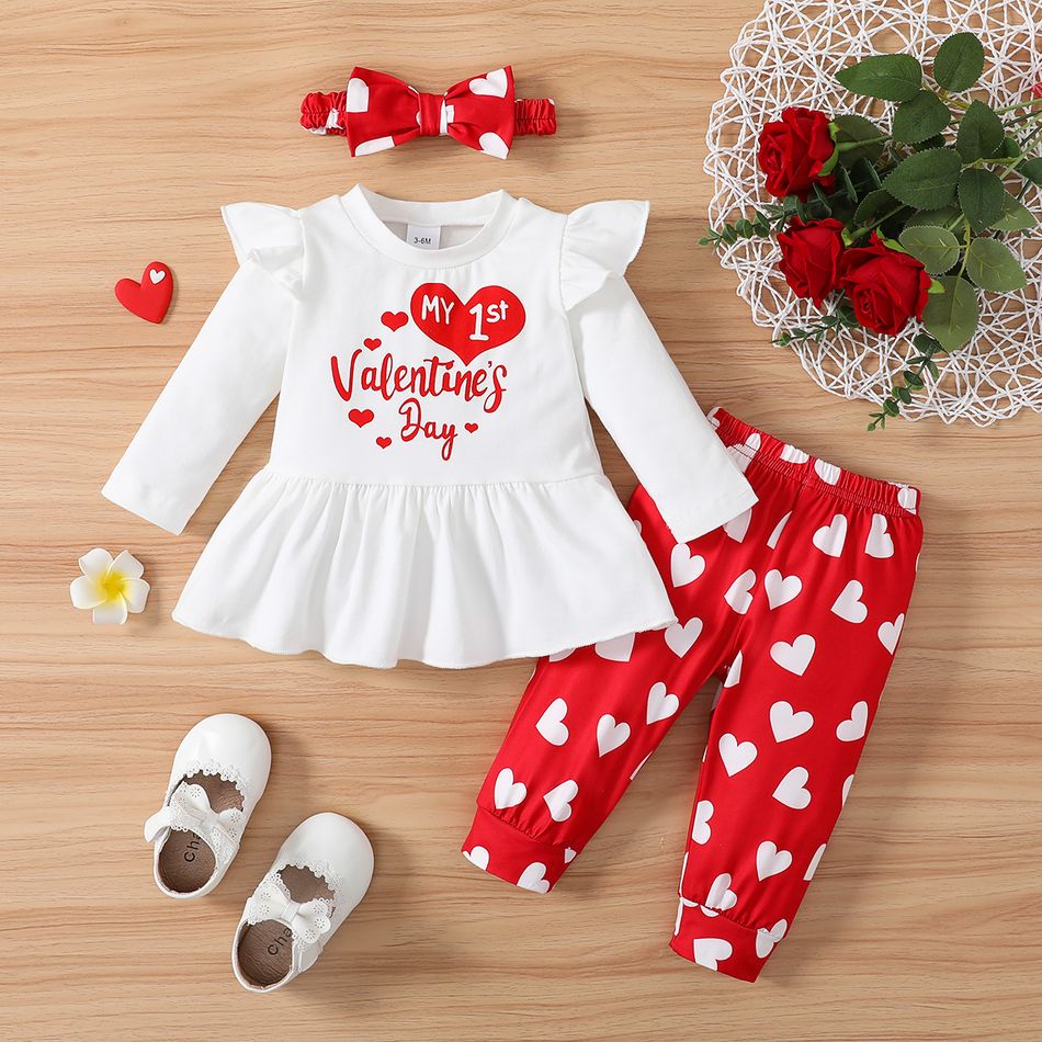Valentine's Day 3pcs Baby Girl 95% Cotton Ruffle Long-sleeve Letter Graphic Top and Allover Heart Print Pants & Headband Set White big image 1