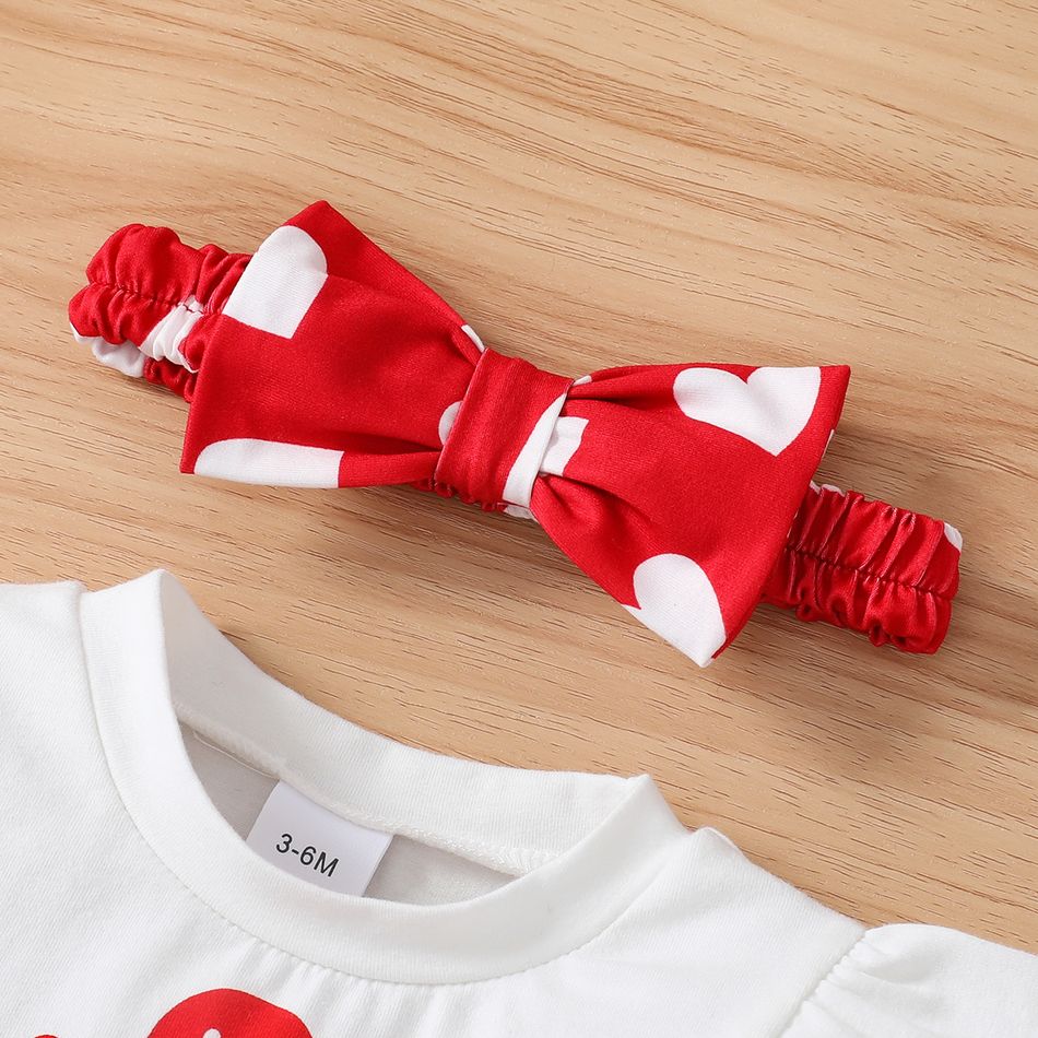 Valentine's Day 3pcs Baby Girl 95% Cotton Ruffle Long-sleeve Letter Graphic Top and Allover Heart Print Pants & Headband Set White big image 4